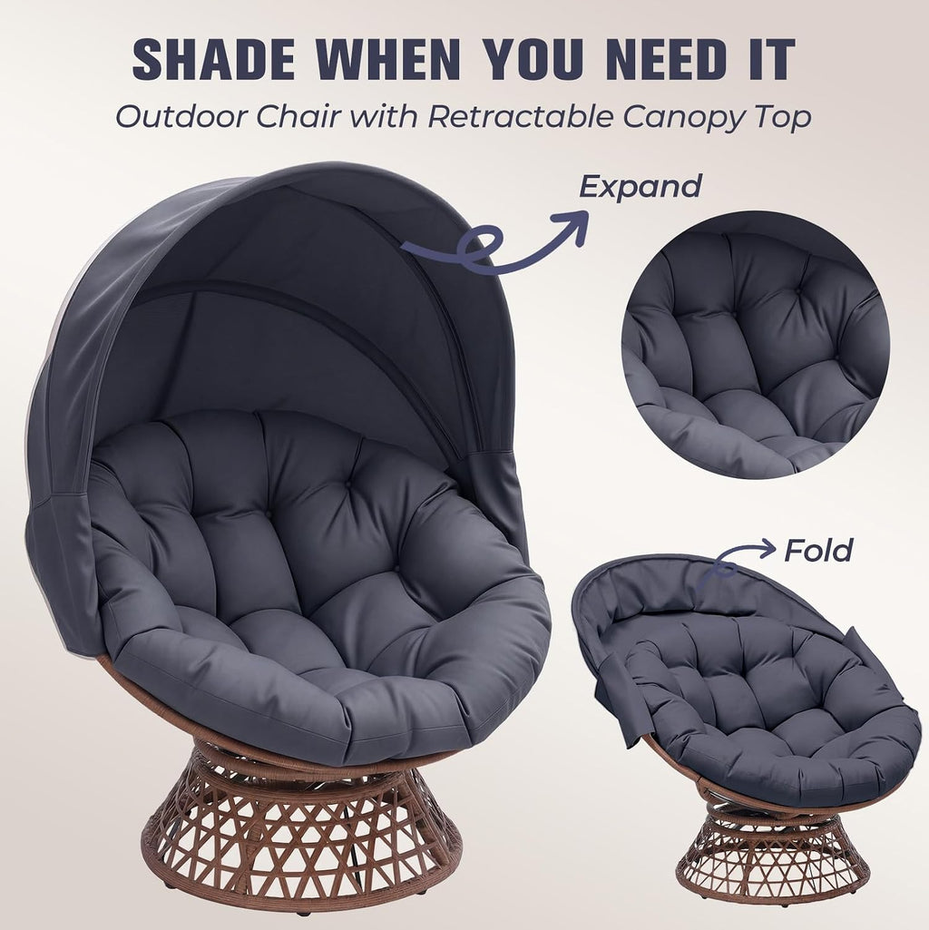 GTPLAYER Outdoor Wicker Egg Chair PE Rattan Chair with Cushion, Oversized Patio Lounge Chair with Canopy Papasan Chair 360° Swivel Base for Outdoor, Indoor, Balcony, Backyard, Garden, Gray