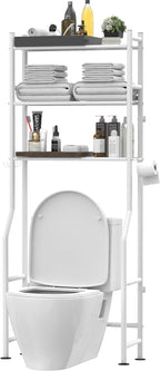 3-Tier Over The Toilet Storage, Freestanding Metal Bathroom Shelves with 4 Hooks, Over Toilet Storage Shelf with Paper Holder, Above The Toilet Shelf for Bathroom Storage, White