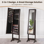 COSTWAY Jewelry Armoire Cabinet, Standing Jewelry Organizer with Full-length Mirror & 3 Adjustable Angles, Large Storage Capacity Jewelry Cabinet for Bedroom, Dressing Room (Coffee)