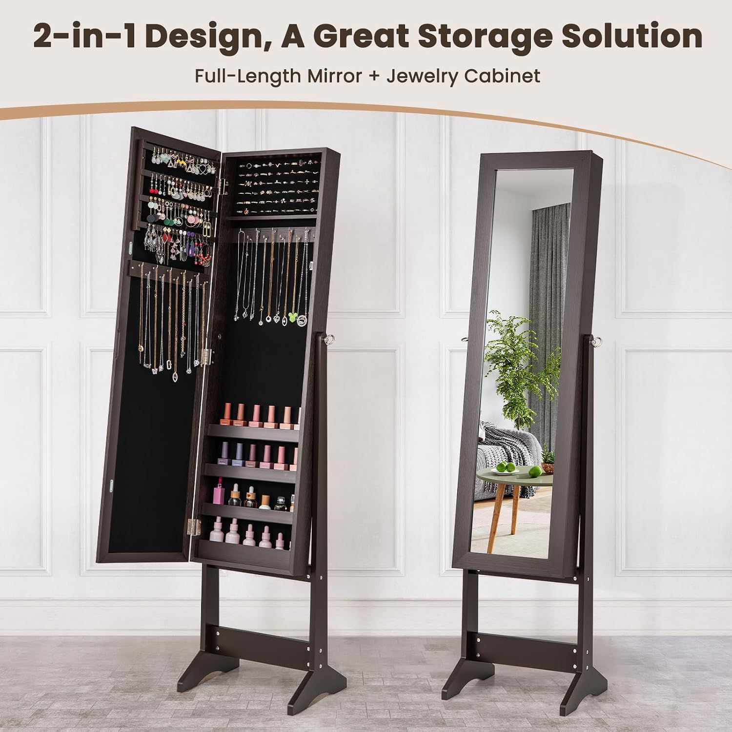 COSTWAY Jewelry Armoire Cabinet, Standing Jewelry Organizer with Full-length Mirror & 3 Adjustable Angles, Large Storage Capacity Jewelry Cabinet for Bedroom, Dressing Room (Coffee)