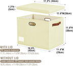 17" Large Collapsible Storage Bins with Lids, Stackable Closet Organizers with PU Handle and Labels, 3-Pack Decorative Fabric Storage Boxes for Home, Bedroom, Closet, Office, Nursery(Beige)