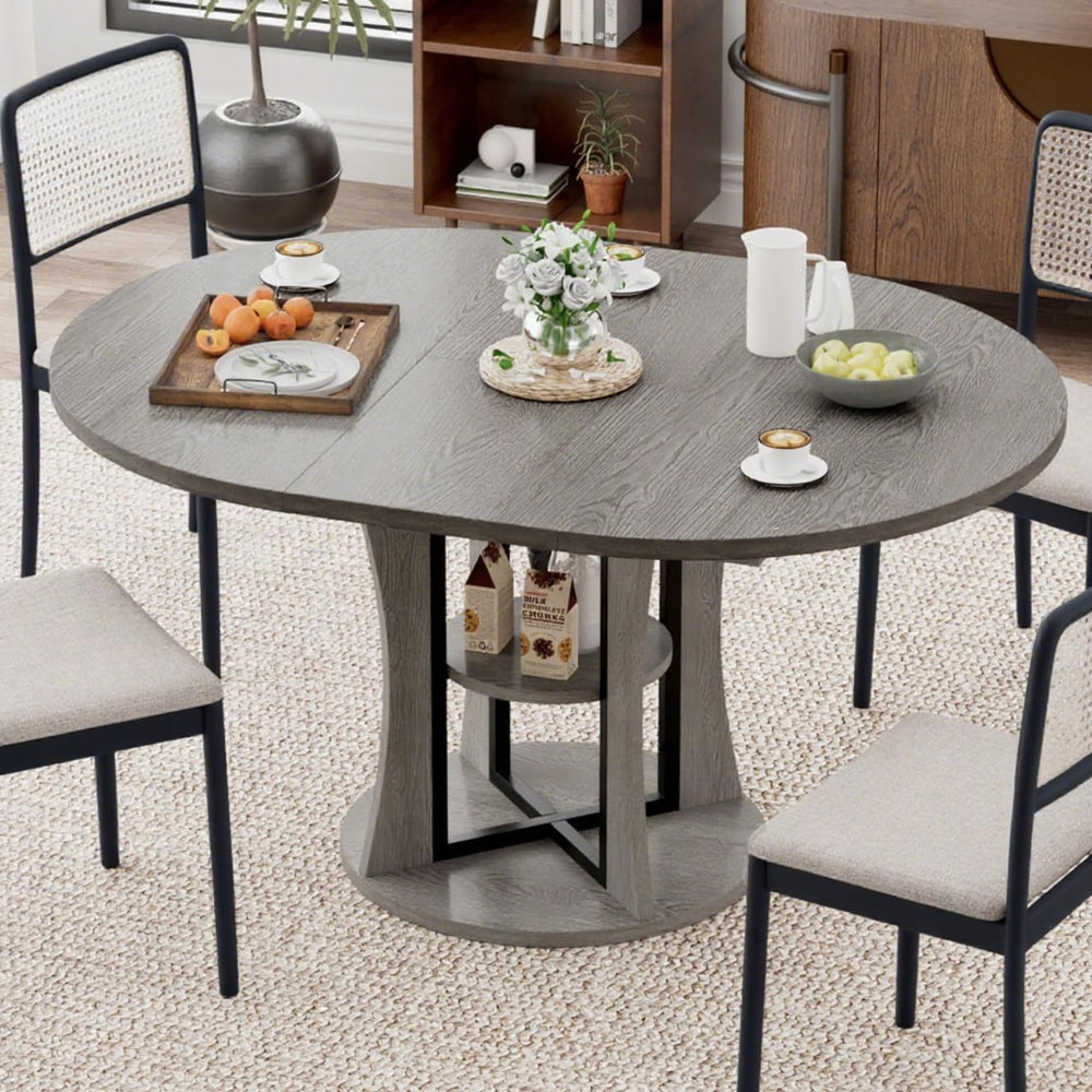 Extendable Round Dining Table for 4-6-8, 43.3-59in Expandable Kitchen Table w...