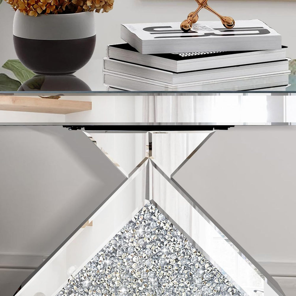 Crushed Diamond Mirrored End Table, Silver Side Accent Table, Small Mirrored ...