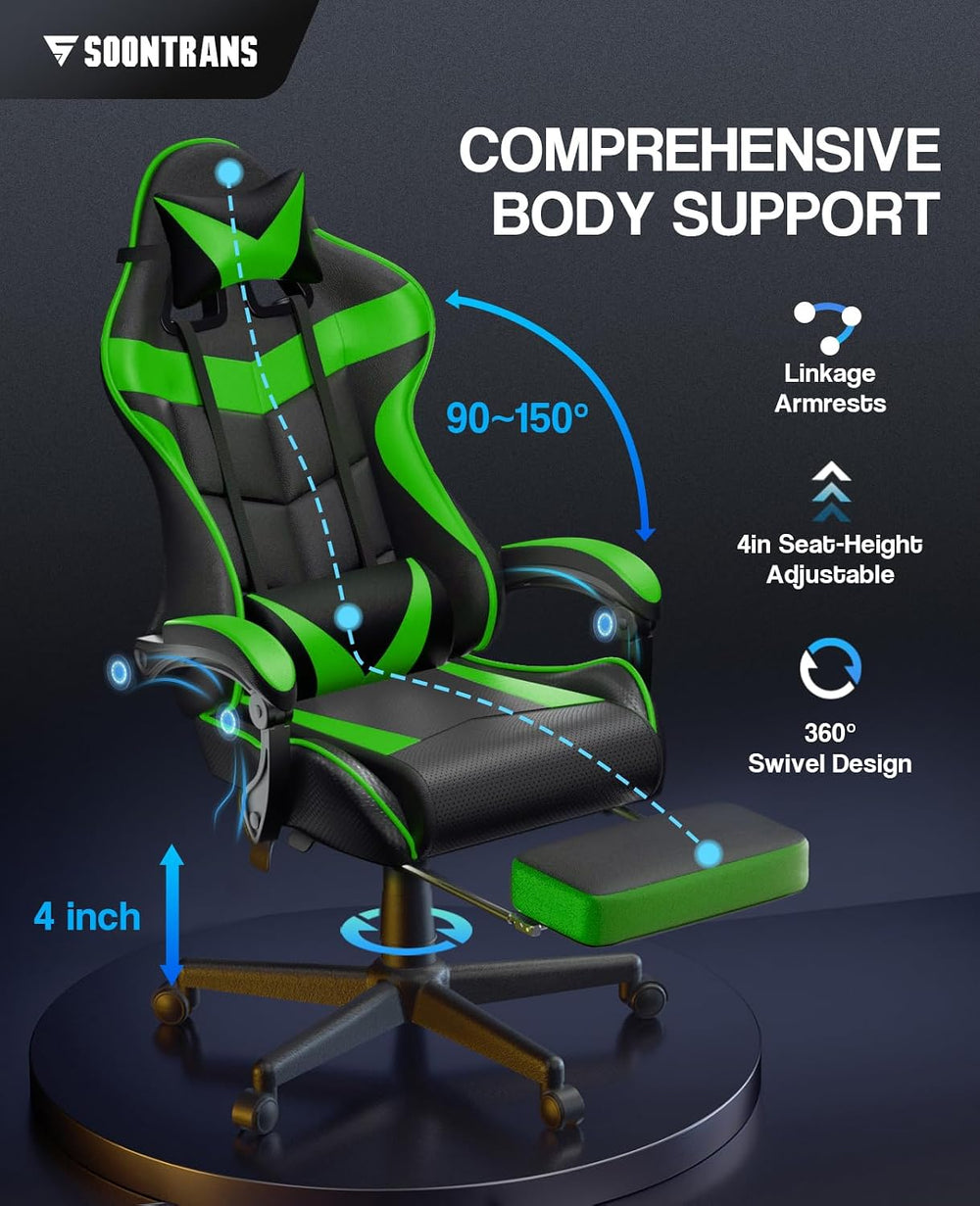 Soontrans Green Gaming Chair with Footrest,Racing Gaming Chair,Computer Gamer...