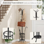Coat Rack Freestanding with Umbrella Holder – Metal Hanger Stand, Hall Tree with 12 Hooks, Entryway Organizer for Hats, Bags, and Clothes (Black)
