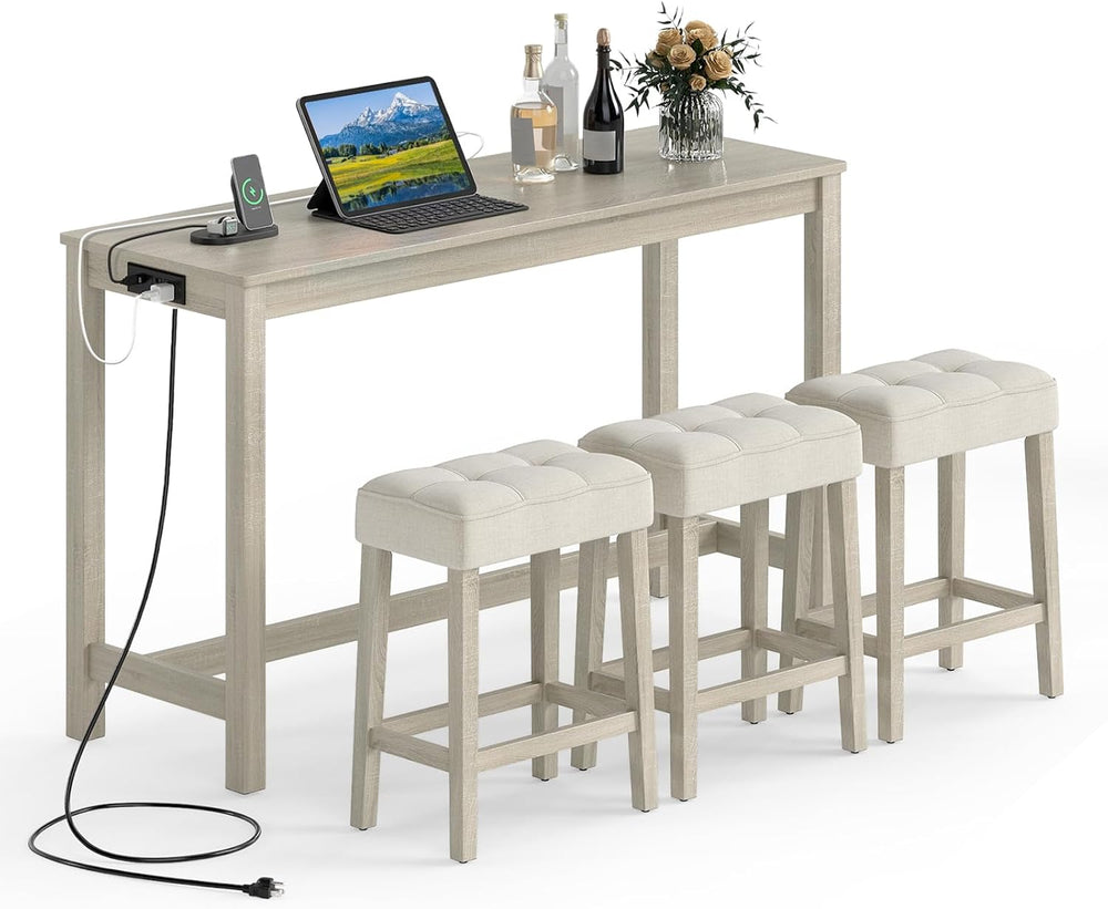 COSTWAY 4-Piece Breakfast Nook Bar Set with Built-in Charging Station | Count...