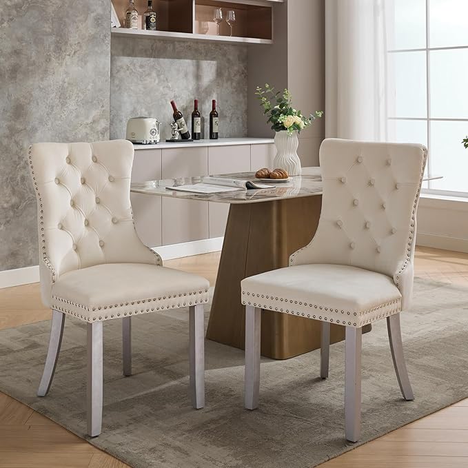 Velvet Dining Chairs Set of 2, High-end Tufted Upholstered Dining Chair with Back Ring Pull, Nailhead Trim and Silver Solid Wood Legs, Modern Dining Room Chairs for Dining Room, Cream