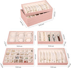 LANDICI Stackable Jewelry Organizer Trays 4 Set,PU Leather Jewelry Organizer Drawer,Jewelry Storage Display Tray for Earring Necklace Rings Bracelet with Removable Dividers,Pink