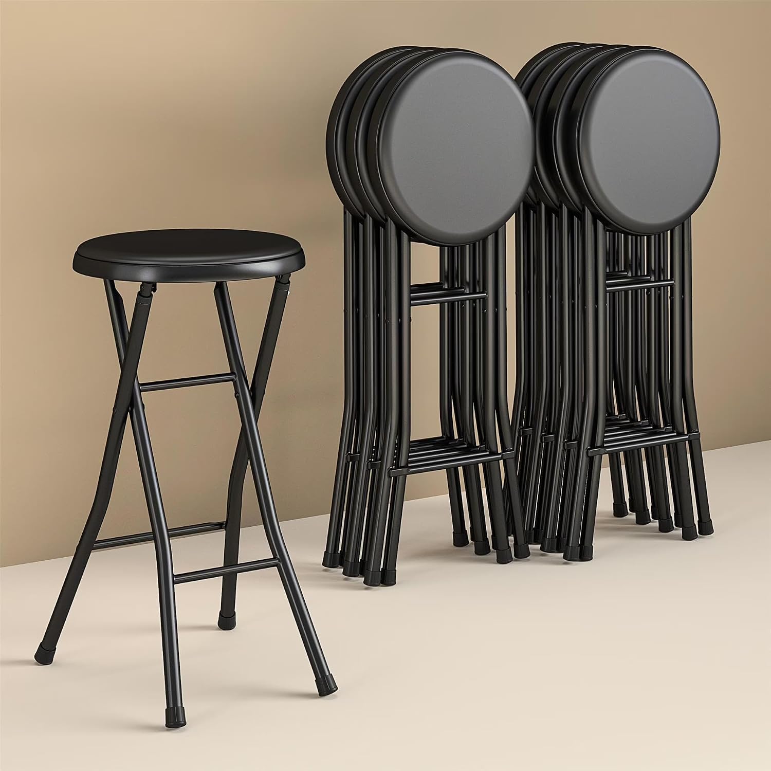 24" Vinyl Padded Folding Stool, Portable Heavy Duty Foldable Stool for Home & Shop, Black
