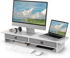 Fenge Monitor Stand with Drawer, 2 Tiers Dual Monitor Riser for Desk, 35 Inch Computer Stand for 2 Monitors, Desk Shelf for Home, Office, Laptop, PC, TV, Printer