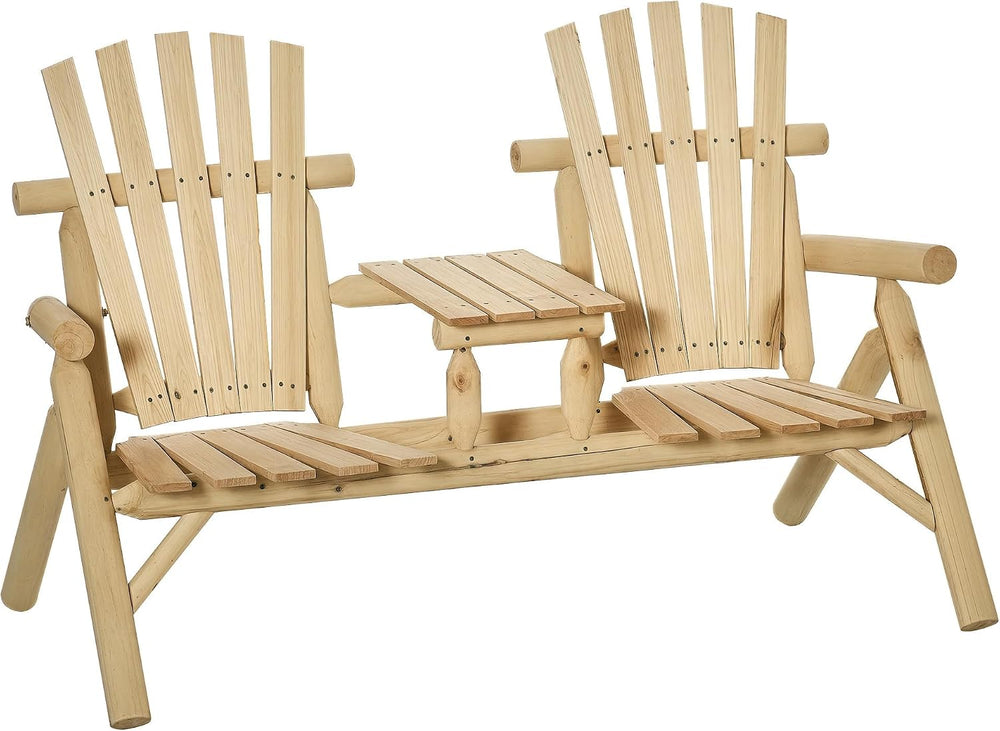 Adirondack Loveseat Chair, 2-Seat Wooden Patio Bench with Built-in Table, Out...