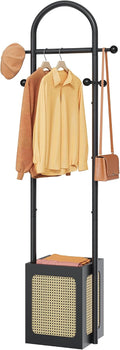 Tajsoon Coat Rack Stand with Wooden Base, Coat Tree Rattan Design, Coat Hanger Stand with 6 Hooks, Small Clothes Rack for Living Room, Bedroom, Office, Black