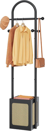 Tajsoon Coat Rack Stand with Wooden Base, Coat Tree Rattan Design, Coat Hanger Stand with 6 Hooks, Small Clothes Rack for Living Room, Bedroom, Office, Black