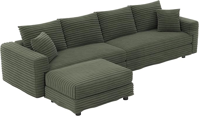 KEIKI 102.4" Sectional Couches, Modern Comfy Upholstered Sofa Cloud Couch, Deep Seat 4 Seat Sofa Set with Soft Pillows and Movable Ottoman for Living Room, Apartment, Office, Green