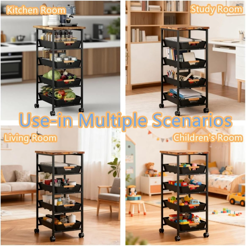 5-Tier Rolling Utility Cart with Wooden Top & Drawers, Metal Frame Storage Organizer with Wheels for Kitchen, Bathroom, Living Room, Office