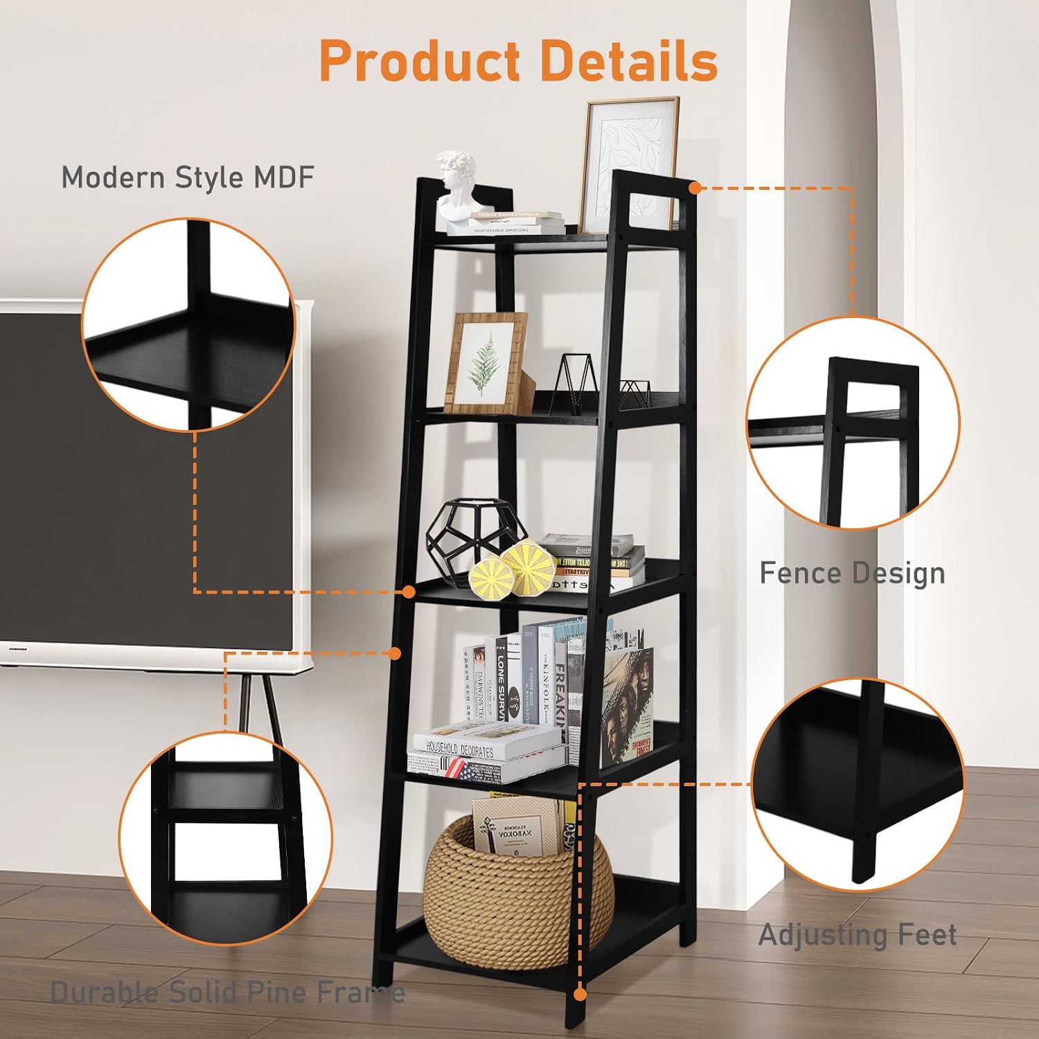 Acehome 5 Tier Ladder Shelf, Large Capacity Bookshelf with Steel Frame and Wooden Surface, for Living Room, Bedroom, Kitchen, Black