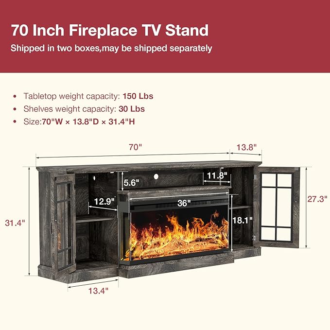 oneinmil 36 Inch 3-Sided Glass Fireplace TV Stand for TVs up to 80", Rustic Media Entertainment Center Console Table with Glass Door Closed Storage, Set of TV Table, Grey