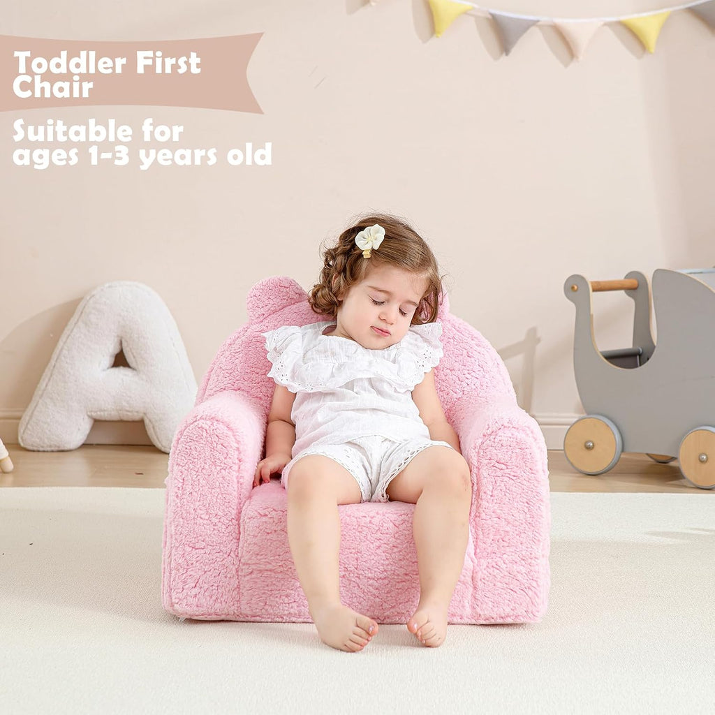 Kids Chair, Sherpa Bear Fold-Out Convertible Kids Couch, Pink | Kids couch flip out lounger, children reading chair, kids sofa with plush foam, removable cover, gift for boys girls