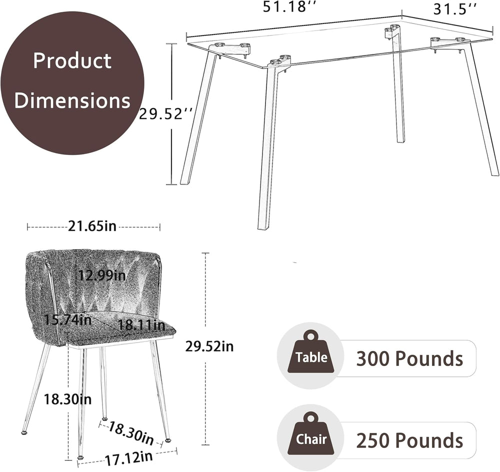 Modern Gold Glass Dining Table Set for 6, 51'' Clear Minimalist Glass...