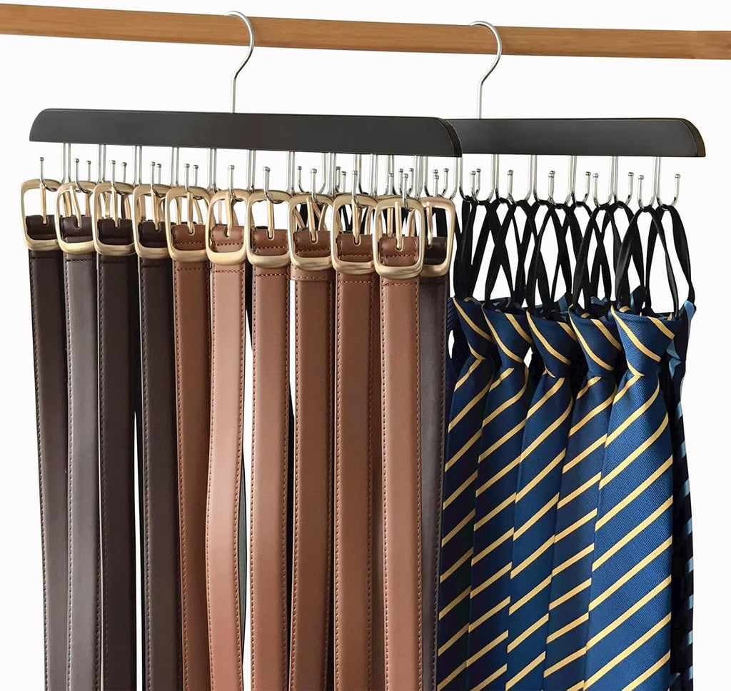 2 Pack Belt Hanger for Closet Organizer,Wooden Belt Storage Organizer with 20 Metal Hooks for Space Saving,Foldable Belts Holder for Belts,Tank Tops,Ties(Black)