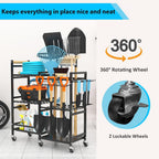 NADAMOO Garden Tool Organizer with Rolling Wheel, 3-tier Metal Shelf Yard Tool Holder, Utility Stand Rack for Garage Organization and Storage, Hold Long-Handled Rakes, Shovel, Broom