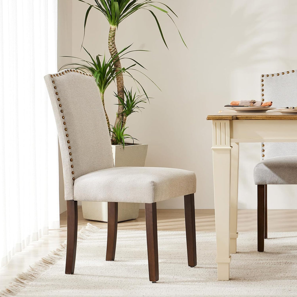 DUMOS Dining Chairs Set of 2, Fabric Kitchen Chairs for Living Room, Beige | Farmhouse, Upholstered, Wooden Legs, Padded Seat, High Back, Armless, Modern Accent, Dining Room, Restaurant