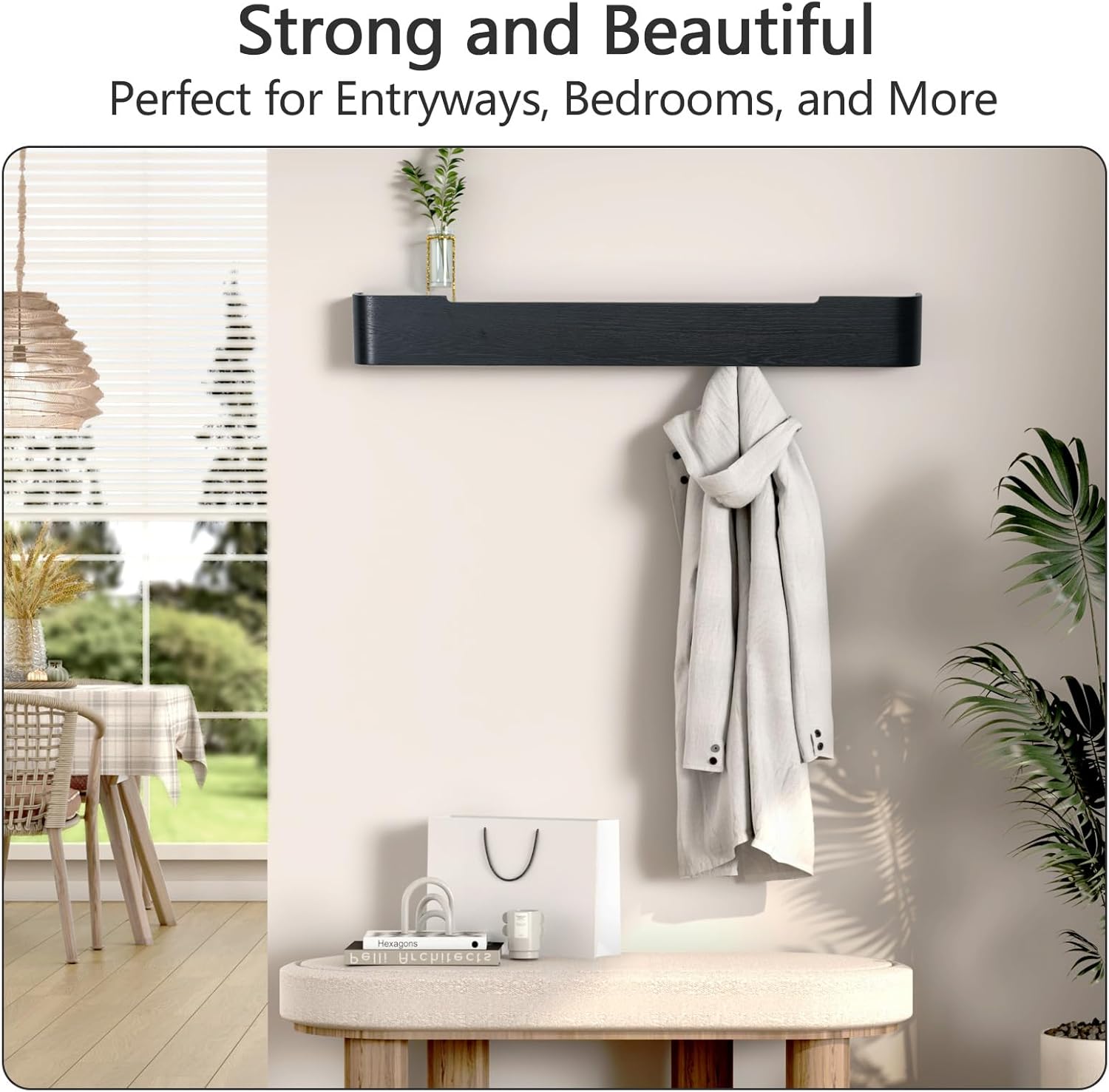 Coat Rack Wall Mount with Hidden Hooks Modern Key Holder Wood Entryway Hook with Shelf for Bedroom Kitchen Hallway Bathroom Designed for Hanging Coats Hats Bags Towels Dog Leashe(Black,8 Hooks)