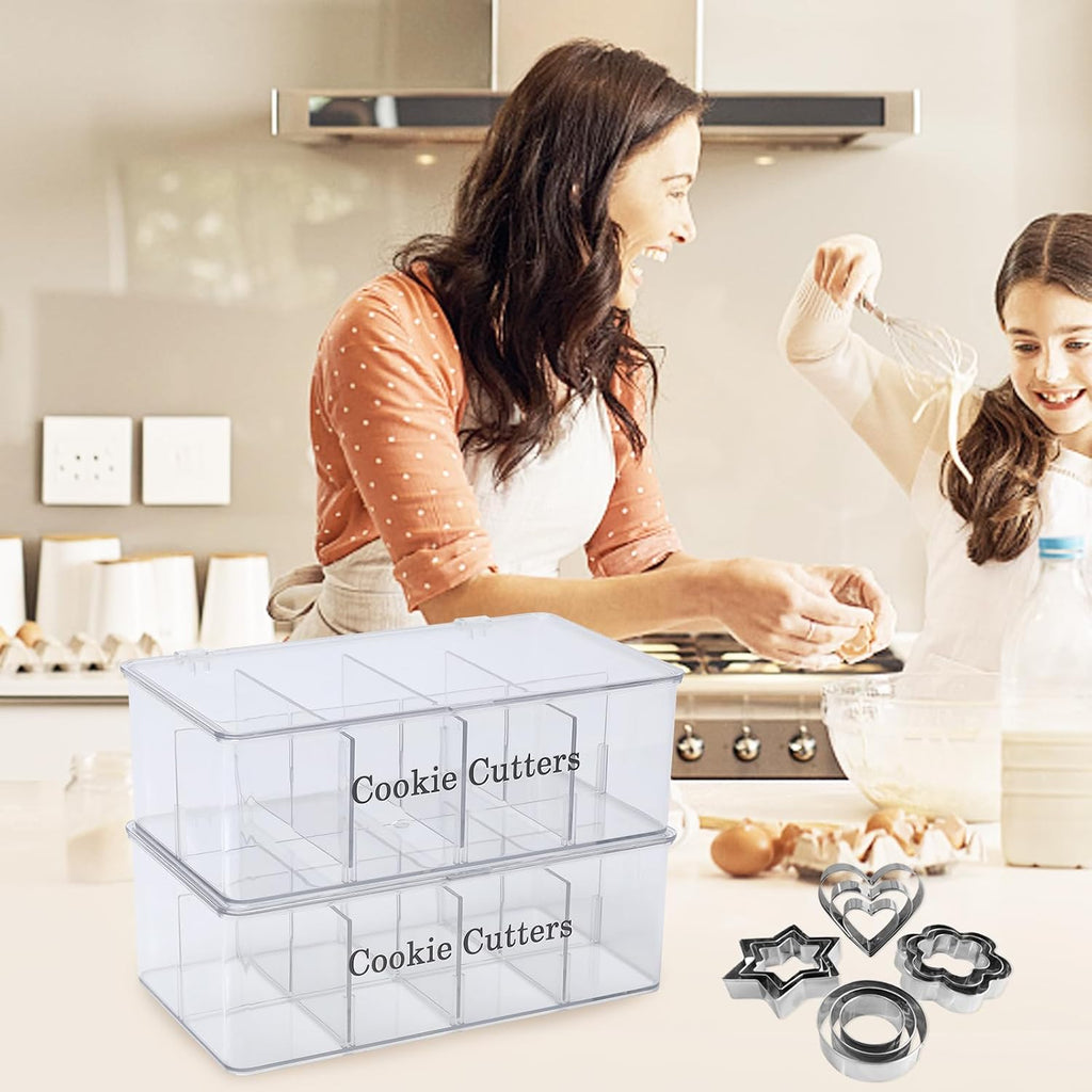 2 Pack Cookie Cutter Tool Storage Box,Cake Decorating Supplies Storage Accessories Bins,Baking Storages Containers with Dustproof Lid,Biscuits Cutter Organizer Storages with 8 Adjustable Compartment