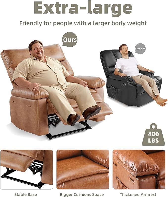 GarveeHome Extra Wide Recliner Chair - PU Leather Oversized Manual Recliner for Adults, Lazy Chair with 1.5X Sponge Comfort Arm and Back for Living Room, Bedroom