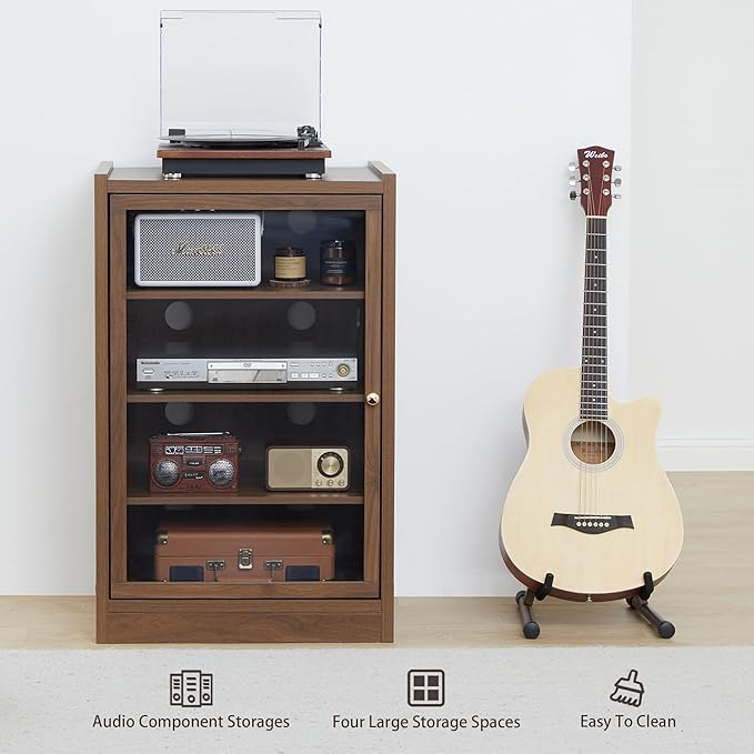 Walnut 5-Tier AV Media Shelf Storage Cabinet with Adjustable Shelves and Cable Management for Living, Gaming, Recording Room