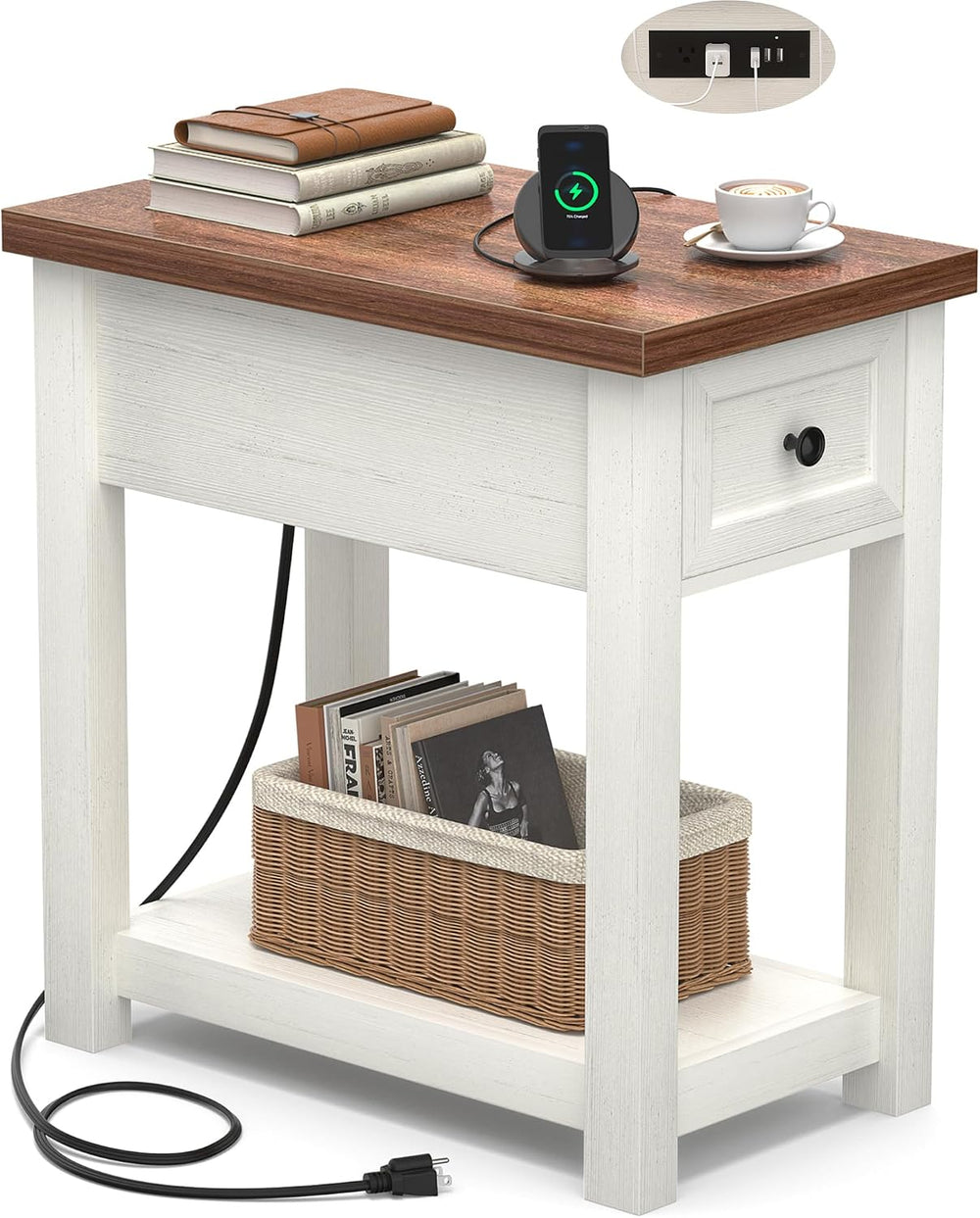 Narrow End Table with Charging Station - Farmhouse Side Table with Drawer, 14...