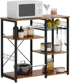 soges 3-Tier Kitchen Baker's Rack, Compact Microwave Stand, Rustic Brown | Space-saving for Apartments, Kitchen, Pantry, Living Room, Sliding Storage Basket, 5 Hooks, Sturdy X-Frame, Easy Assembly