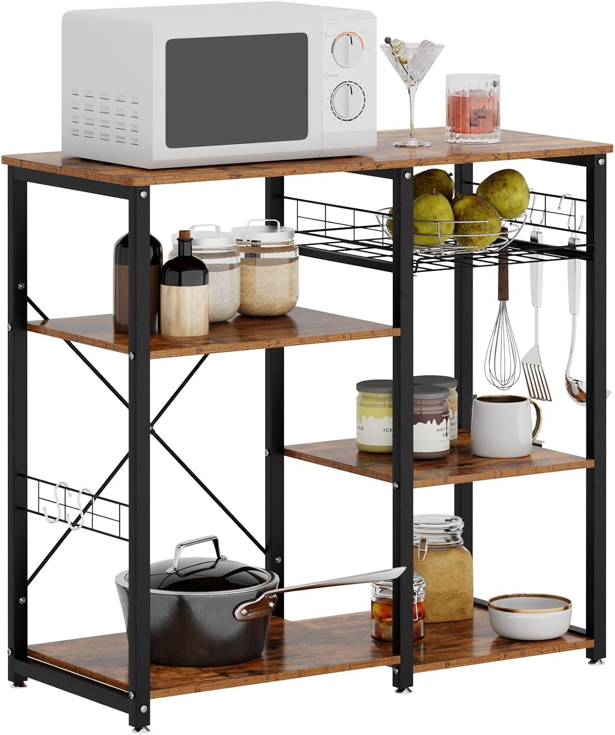 soges 3-Tier Kitchen Baker's Rack, Compact Microwave Stand, Rustic Brown | Space-saving for Apartments, Kitchen, Pantry, Living Room, Sliding Storage Basket, 5 Hooks, Sturdy X-Frame, Easy Assembly