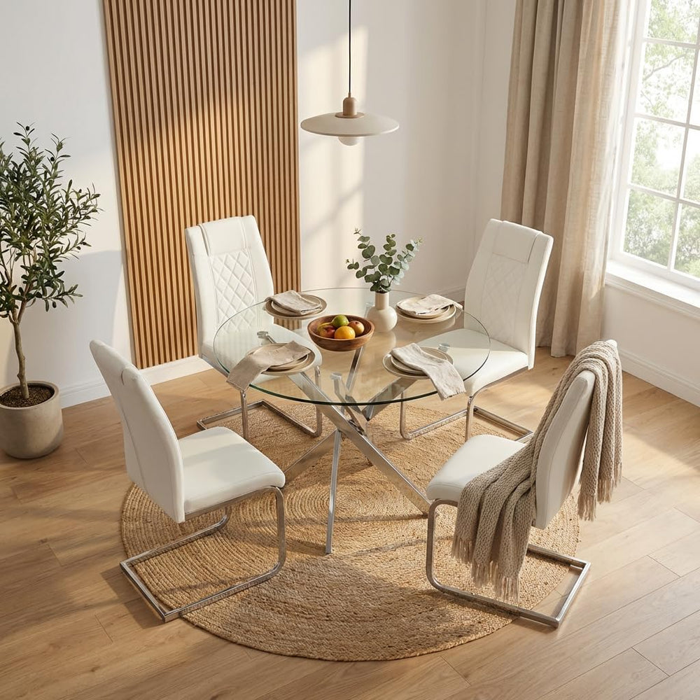Round Glass Dining Table Set for 4, Modern Kitchen Table Chairs Set of 4, 35&...