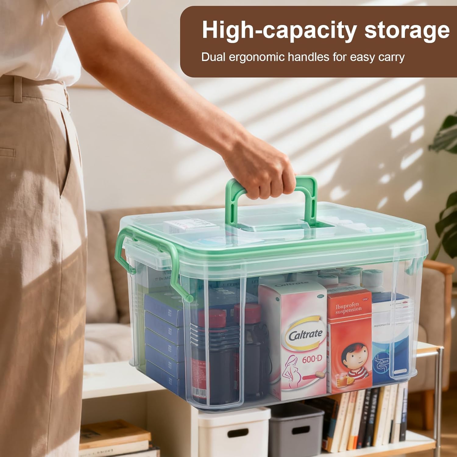 15QT Clear Medicine Organizer Storage Box with Handle & Tray - Thickened Plastic Empty First Aid Box, Multipurpose Medical Container with Lids/Labels, Medication Caddy for Home, Baby, Elderly, Dorm