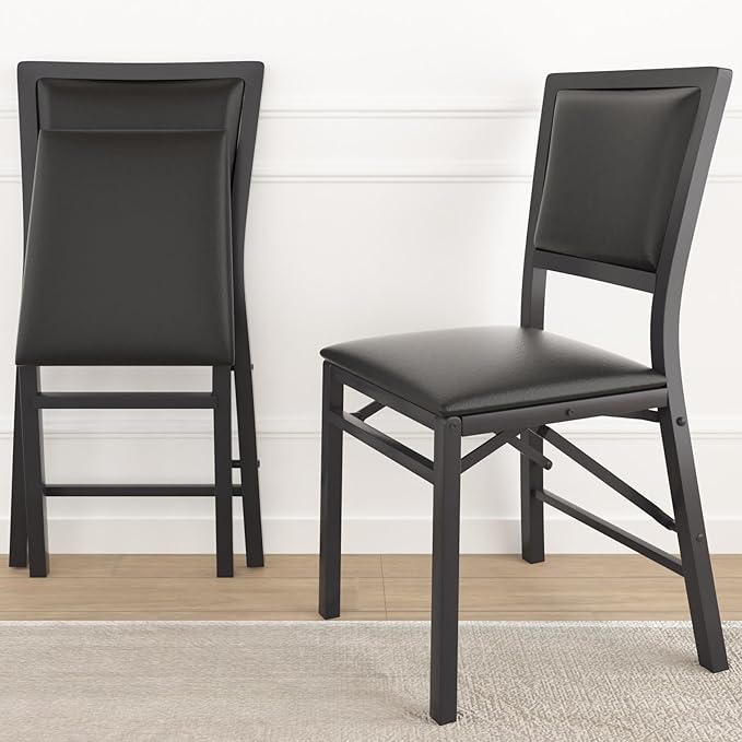 VECELO Folding Chairs Set of 2 with Cushion, Foldable Padded Seats with Heavy Duty Metal Frame for Kitchen/Dining/Living Room, No Assembly & Space Saving Design, Solid Black
