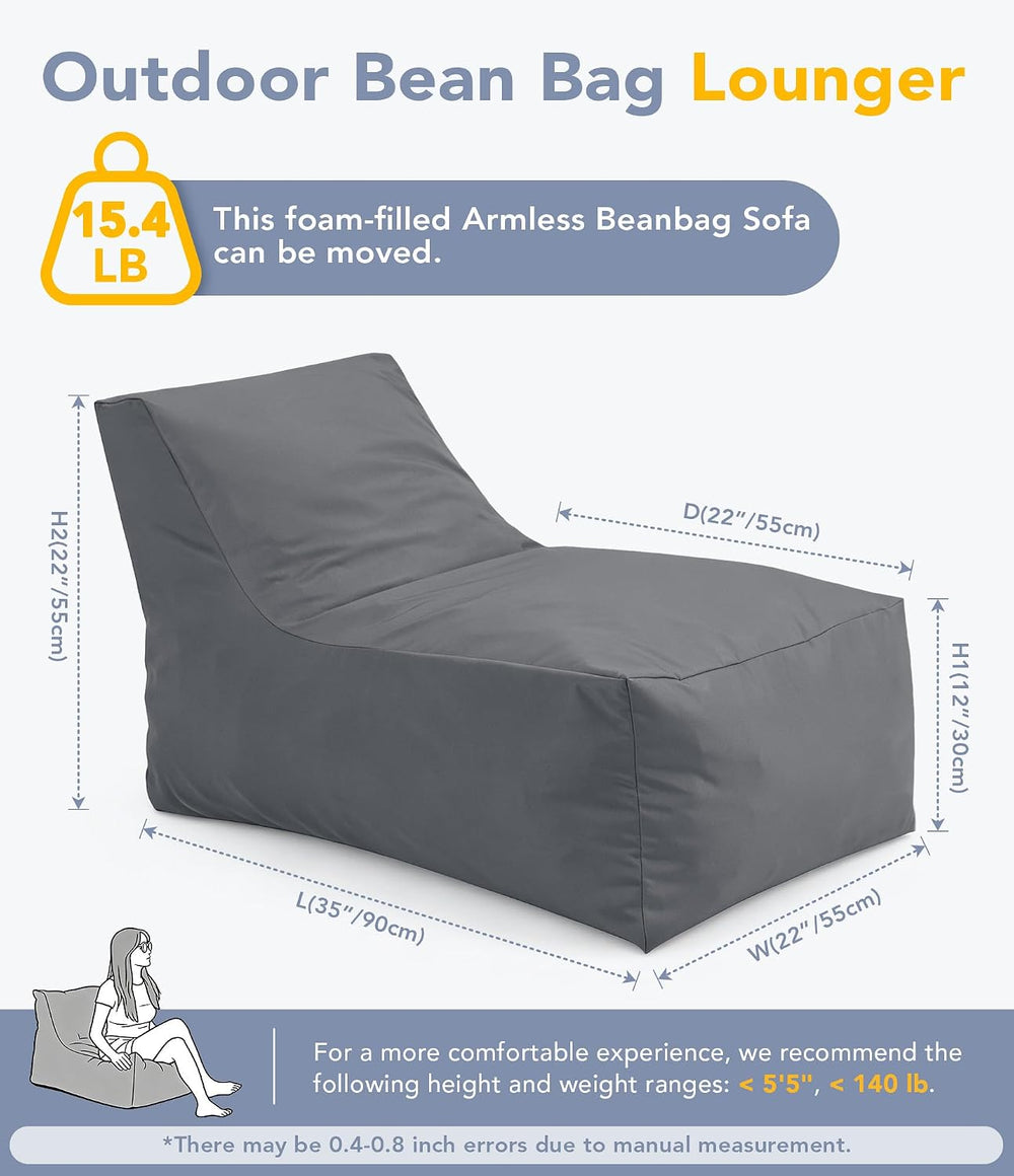Outdoor Bean Bag Chair Lounger with Shredded Foam Filling, Gray | For Patio P...