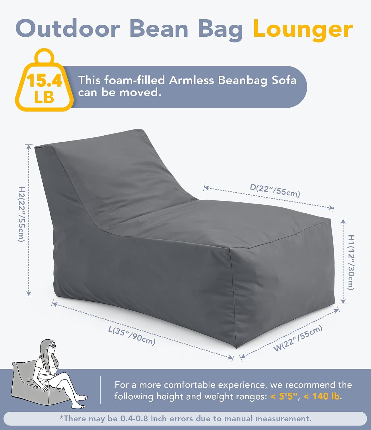 Outdoor Bean Bag Chair Lounger with Shredded Foam Filling, Gray | For Patio Poolside Relaxing, Splash-Proof Detachable Zipper Cover, Small Beanbag Floor Sofa
