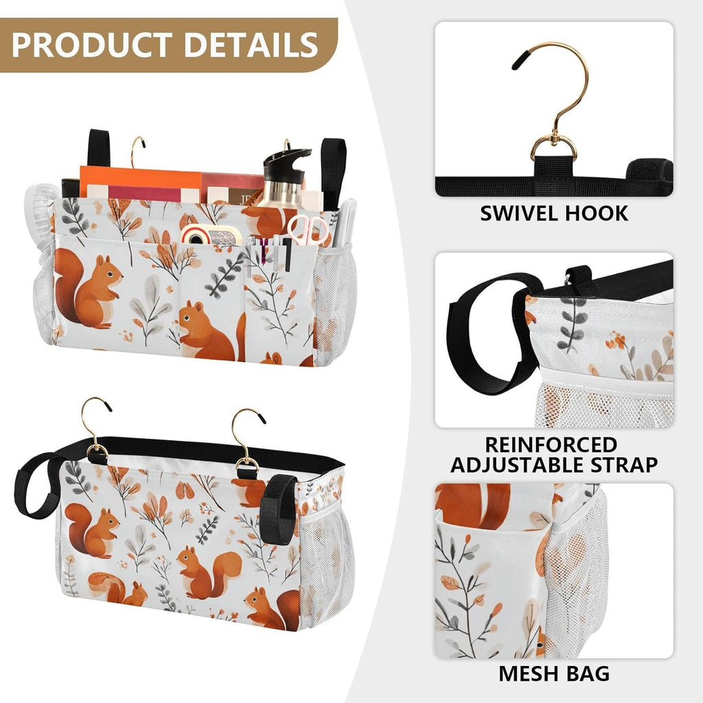 Squirrels and Fall Leaves Bedside Caddy for Dorm Bed Bedside Hanging Caddy Bag Iron Frame Storage Organizer Pocket for Bunk Home College Hospital Beds 2 Hooks