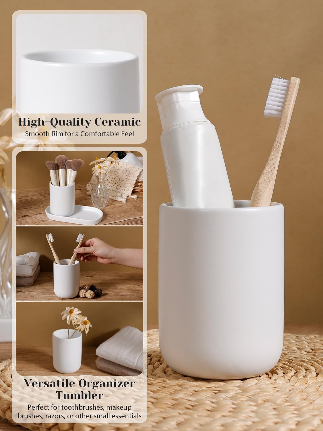 INGOFIN 3 Pcs Ceramic Bathroom Accessory Set - Liquid Soap Dispenser, Toothbrush Holder & Tray, Bathroom Counter Set, Countertop Essentials for Home, Guest Bathroom, or Office Use, White