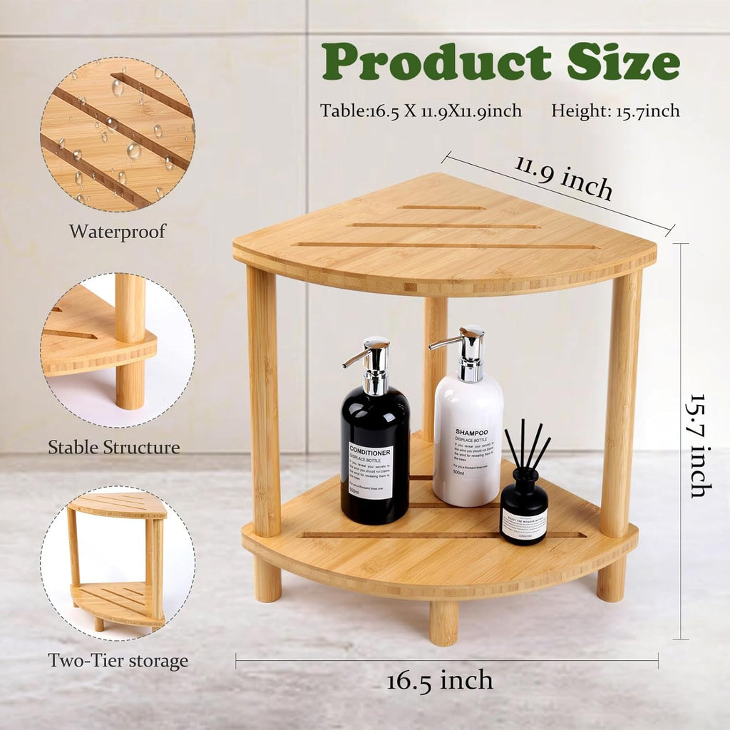 Upgraded Bamboo Corner Shower Stool for Inside Shower Waterproof,2-Tier Shower Foot Rest with Storage Shelf,Corner Shower Shelf Bench Caddy Shaving Leg,Bath Seat,Gifts for Women Mom