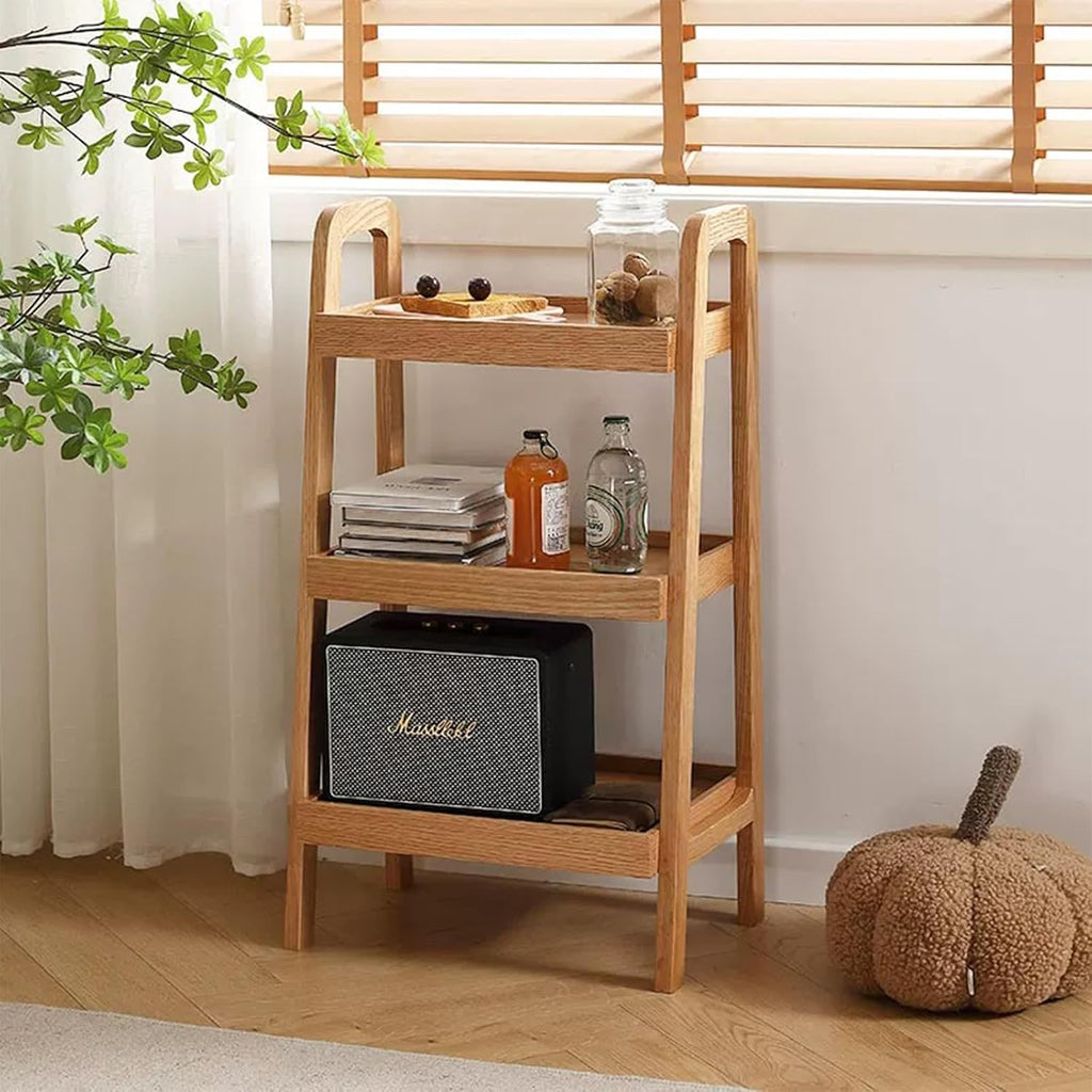 3-Tier Ladder Shelf, Solid Wood Ladder Bookshelf, Mid-Century Modern Leaning Shelves, Oak Wooden Floor Bookcase w/Storage Rack, End Side Table for Living Room Kitchen Bedroom, Natural