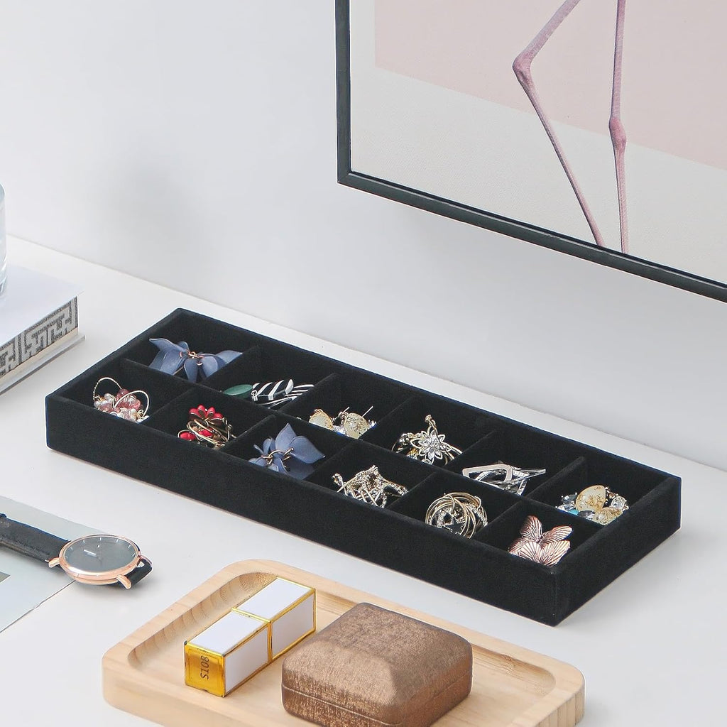2Pcs Desk Drawer Storage Tray, Nightstand Organizer Tray, Necklace Bracelet Ring Earring Jewelry Display Tray, Grid Table Organizer Holder Tray for Sunglass, Phone, Watch, Perfume (12 grid)/Black