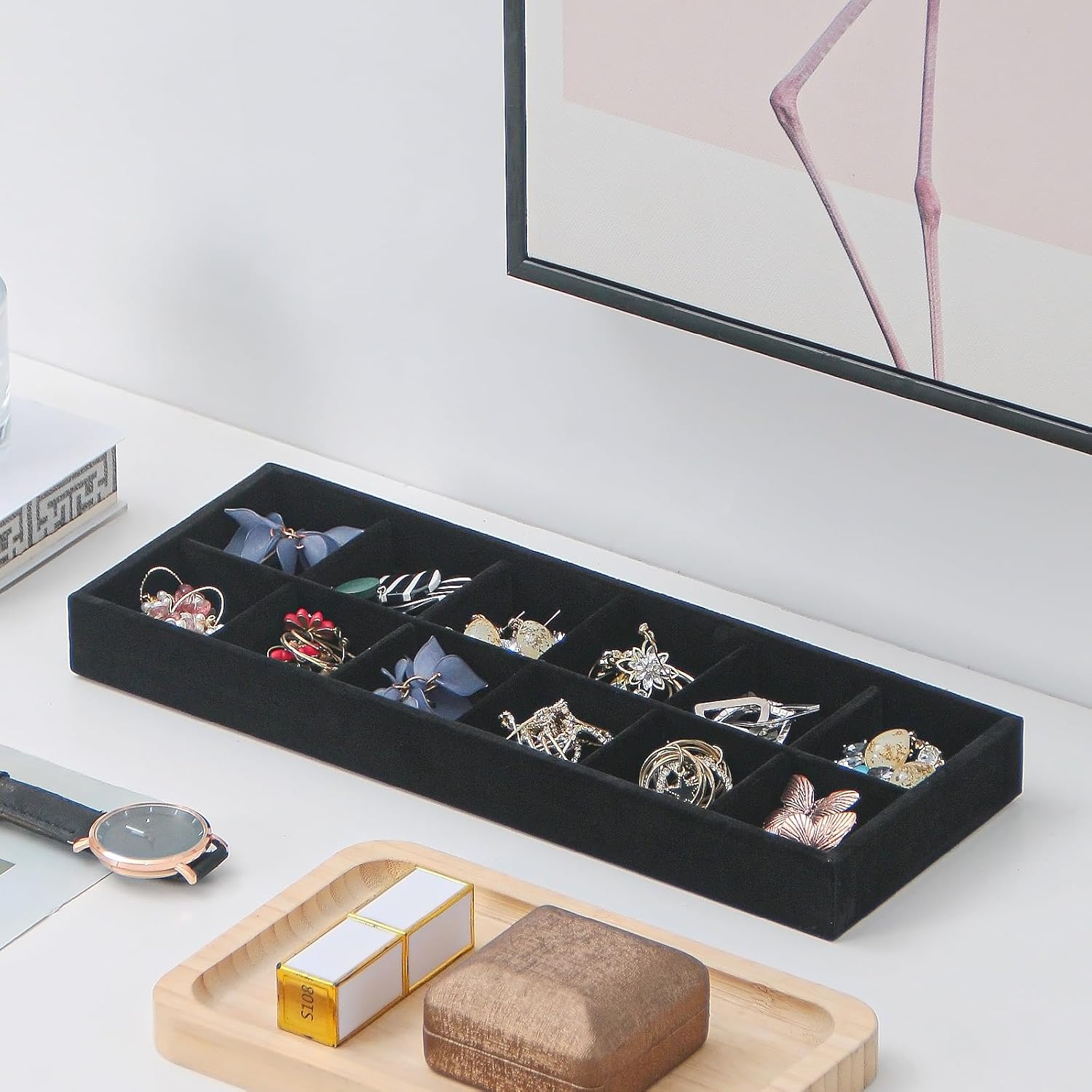 2Pcs Desk Drawer Storage Tray, Nightstand Organizer Tray, Necklace Bracelet Ring Earring Jewelry Display Tray, Grid Table Organizer Holder Tray for Sunglass, Phone, Watch, Perfume (12 grid)/Black