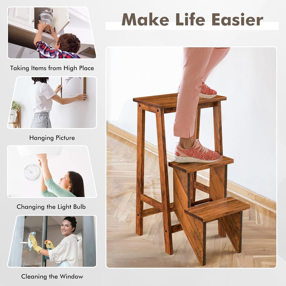 Giantex 3 Tier Folding Step Ladder, Multifunction 3-in-1 Wood Step Stool, Dis...