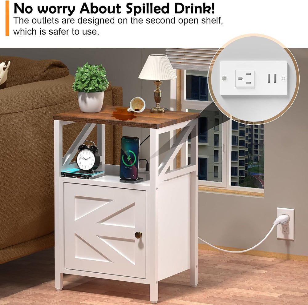 Farmhouse Side Table with Charging Station -3-Tier USB Ports & Outlets En...