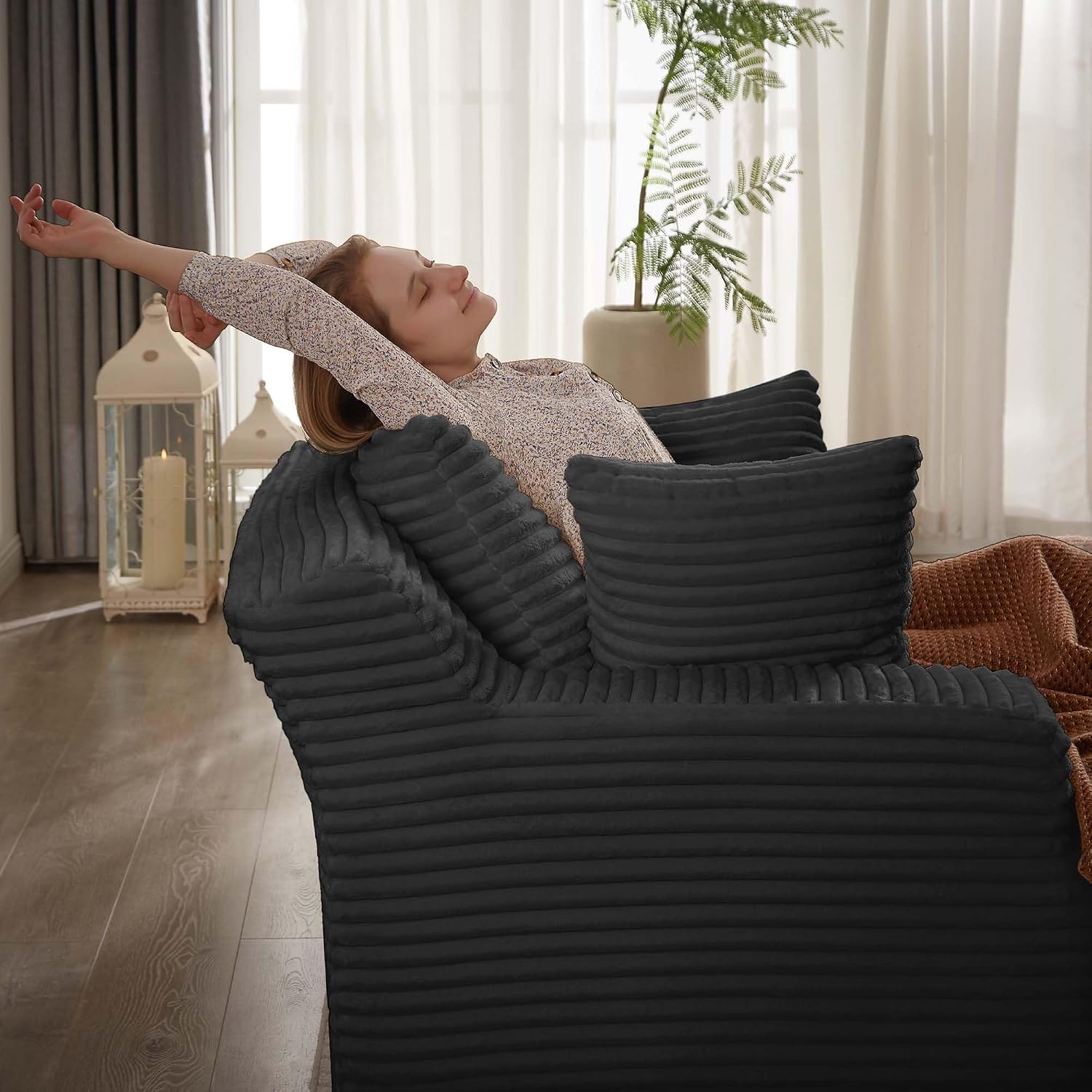 Oversized Chaise Lounge Chair Indoor, 78.7" Extra Deep Boneless Corduroy Lounge Couch Bed with 2 Pillows, Single Seat Reading Chairs for Living Room,Bedroom,Apartment,No Assembly Required
