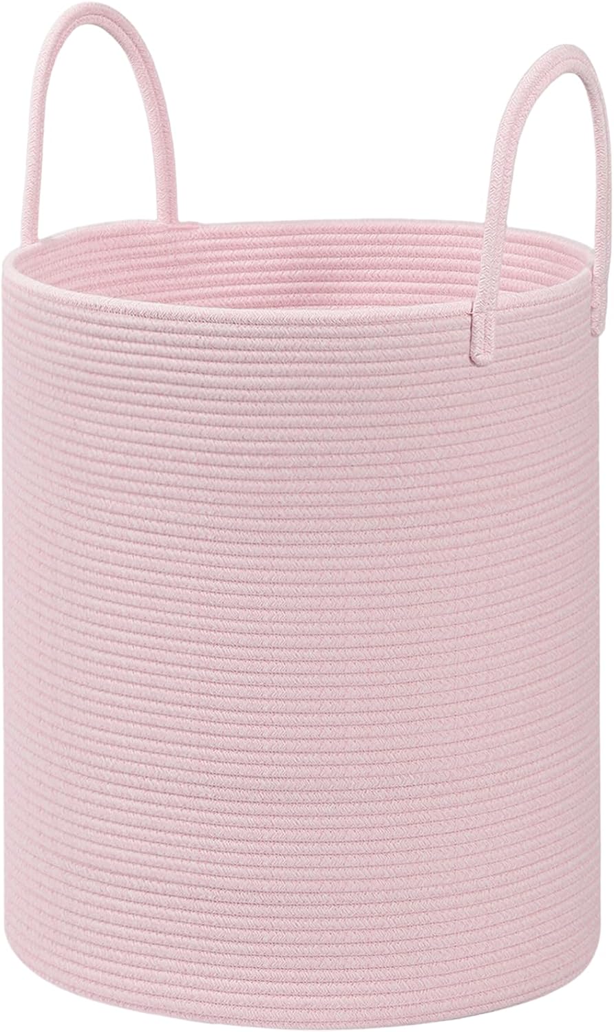 Cotton Rope Storage Basket with Handles, Large 60L Collapsible Laundry Hamper for Clothes, Sturdy Nursery Organizer Blanket Basket for Living Room,Toy Bin for Kids Bed Room,15"x15"x18",Pink