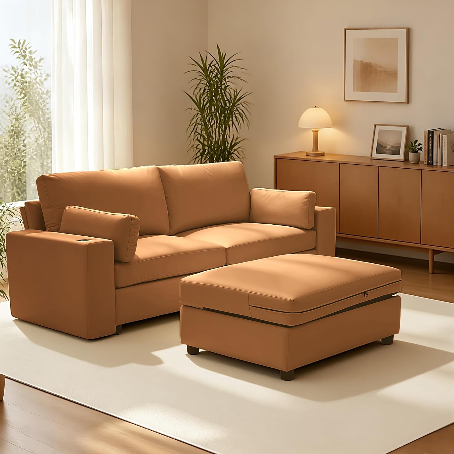 Leather Sectional Sofa, 78" Oversized Loveseat Couch with Storage, Deep Seat Scratch Resistant Faux Leather, Wide Vegan Leather Sofa, (Brown, Loveseat + Ottoman)
