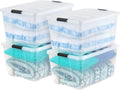 IRIS USA 94 Qt Stackable Plastic Storage Bins with Lids, 4 Pack - BPA-Free, Made in USA - See-Through Organizing Solution, Latches, Durable Nestable Containers, Secure Pull Handle - Clear